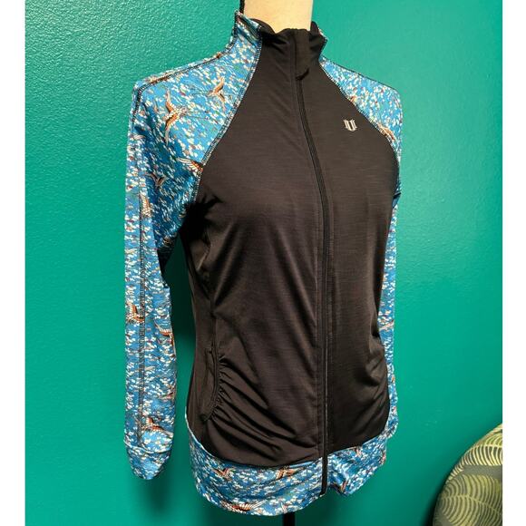 Eleven by Venus Williams Activewear Jacket Black Rouched Blue Crane Print Small - Picture 2 of 12
